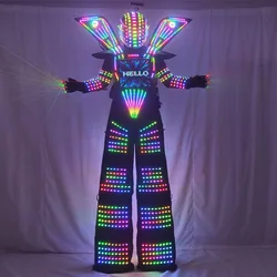 Trem LED Robot Traje, roupas Stilt, terno luminoso Stilt, jaqueta, capacete de exibição no peito, luvas a laser