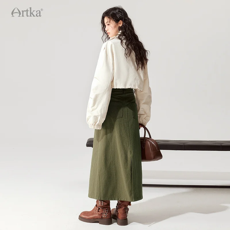 ARTKA 2023 Autumn New Women Skirt Fashion Safari Style High Waist Skirts Long A-Line Army Green Skirt With Pockets QA92535Q