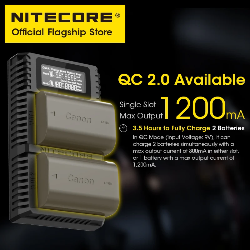 NITECORE UCN2 برو شاحن بطارية الكاميرا الرقمية USB QC سريع تهمة المزدوج فتحة لكانون LP-E6N EOS R5 R6 Ra 60D 70D 5DS 90D 5D