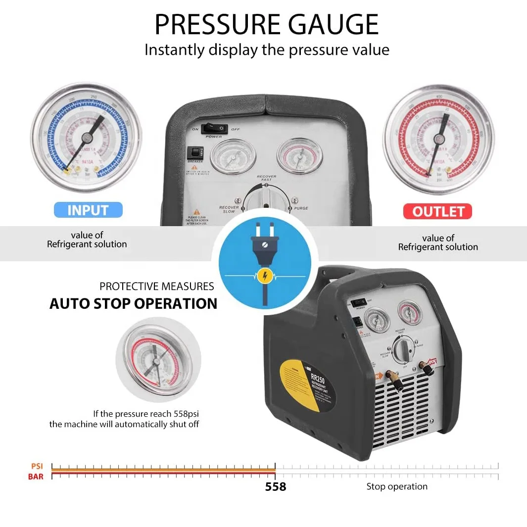 AC Refrigerant Gas Recovery Unit/Machine for Car Air Conditioning with R32 1234yf Compressor 1 HP RR500 Black Color