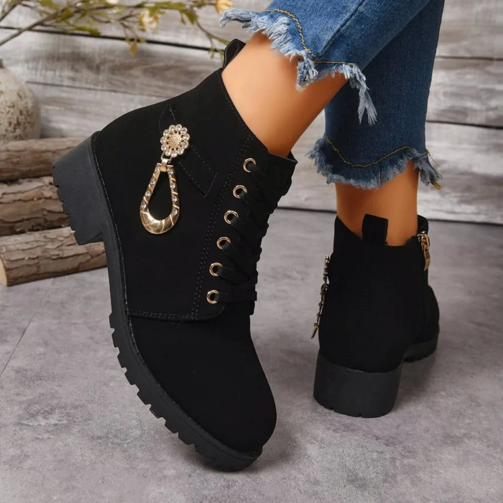 Womens Ankle Boots Round Toe Stable Heel Leather-Look Finish Lace-Up Side Zipper Buckle Charm Textured Outsole Outdoor Footwear