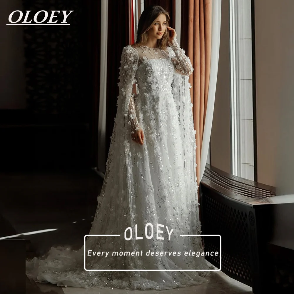 

OLOEY Роскошное свадебное платье А-силуэта с пайетками и 3D-цветами, скромное, с круглым вырезом, мусульманское, на заказ, с длинными рукавами