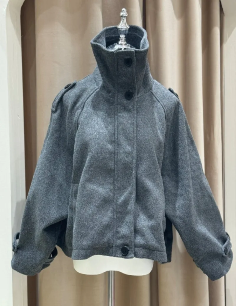 Cappotto in tweed con colletto alla coreana Vitnage per donna Cappotto corto in lana allentato Giacca autunnale da donna elegante Abbigliamento invernale femminile Capispalla