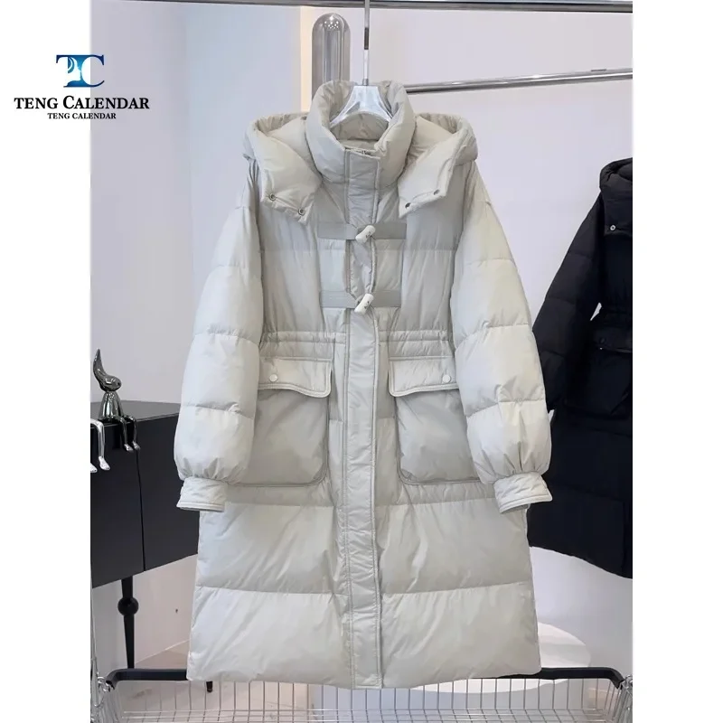 Women's Bull Horn Button Down Jacket, Thick Hooded Jacket, Cinched Waist Jacket, Large Pocket, High-End Fashion, Winter, 2024