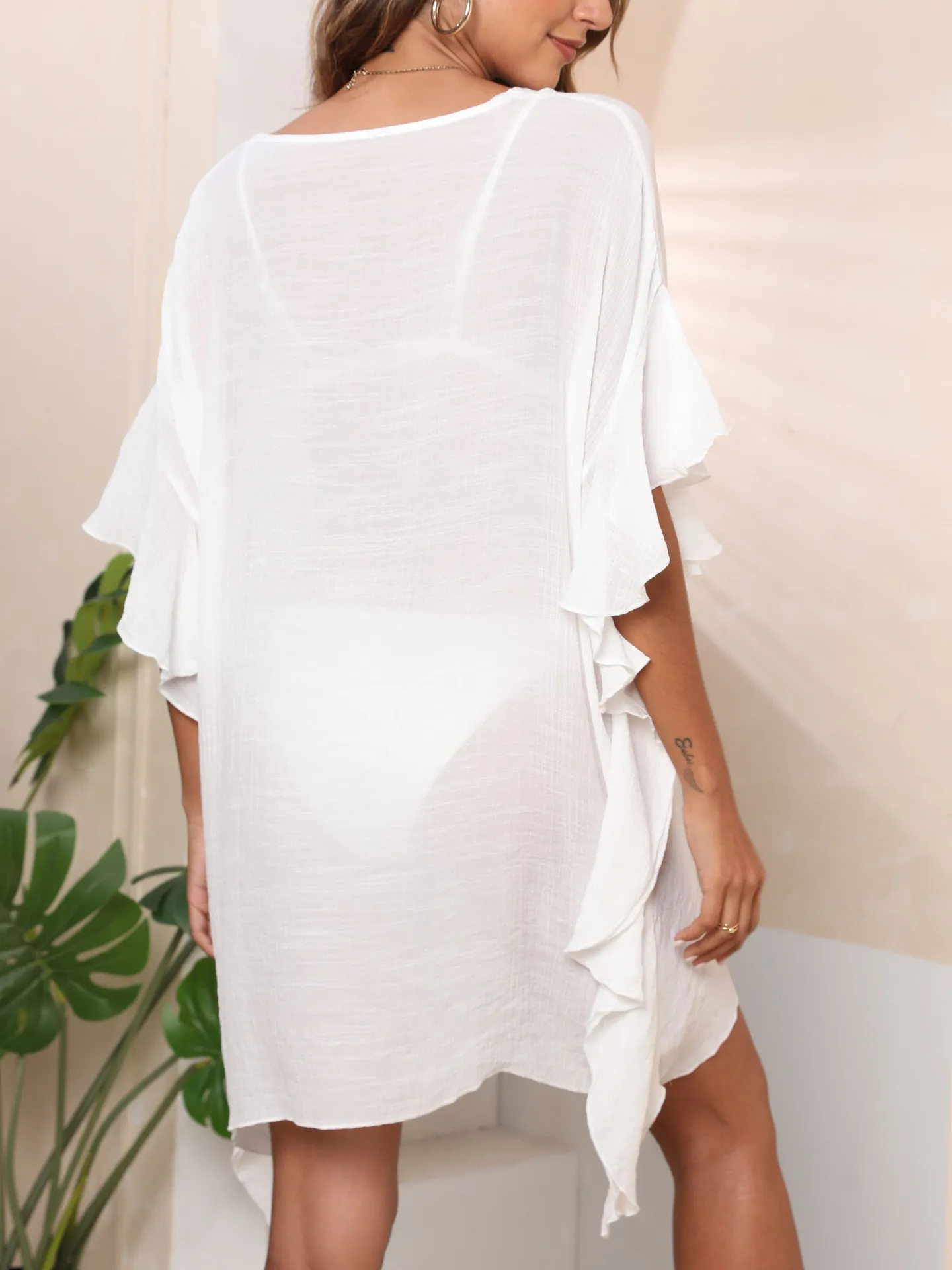 Traje de baño fino con volantes para mujer, vestido de playa con flores bordadas, cuello redondo, suelto, 6 colores puros