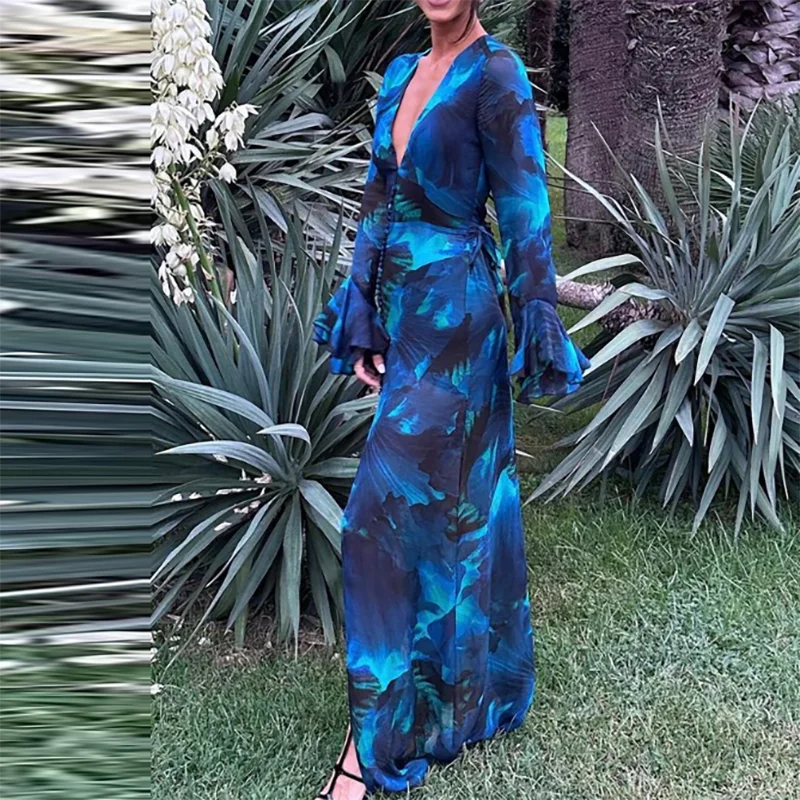 여성 고급 딥 V넥 쉬폰 파티 드레스 2025 봄 우아한 롱 슬리브 슬릿 드레스 쇼 스타일 플로럴 프린트 맥시 슬림 드레스