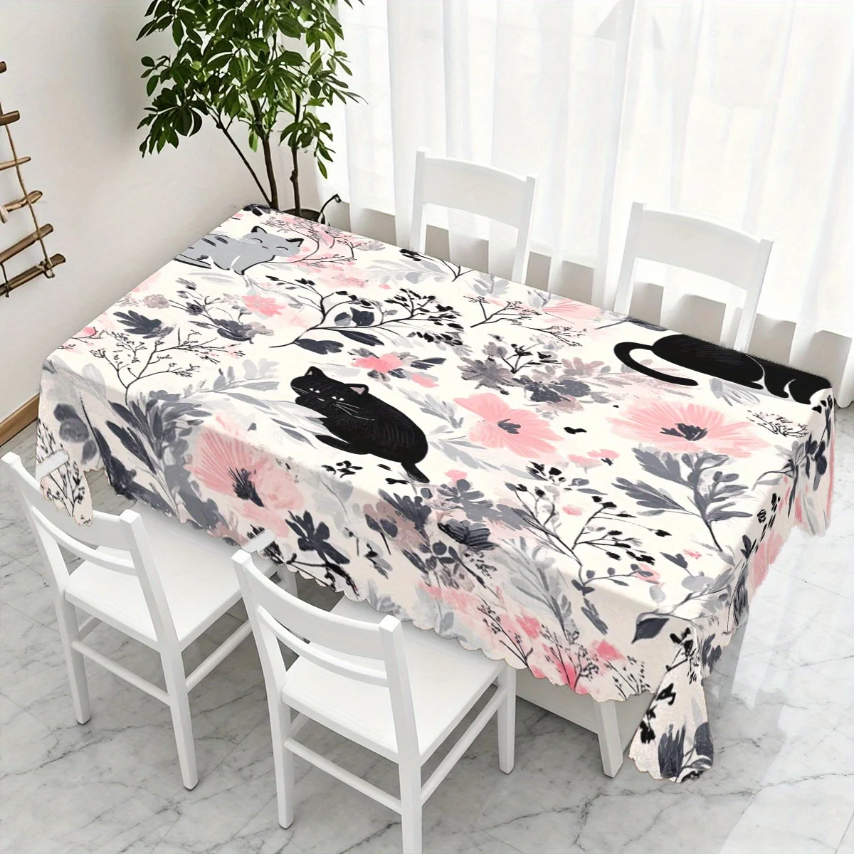Black Gray Cat Pink Floral Tablecloth, Soft Rectangular Washable Table Cover for Daily Dining & Warm Family Gathering Decoration
