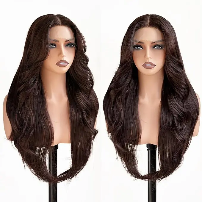 

Синтетический парик JOVIAHAIR с челкой, шоколадно-коричневый, с кружевной передней частью, предварительно прорезанный, без клея, для чернокожих женщин, 26 дюймов, готовый к носке