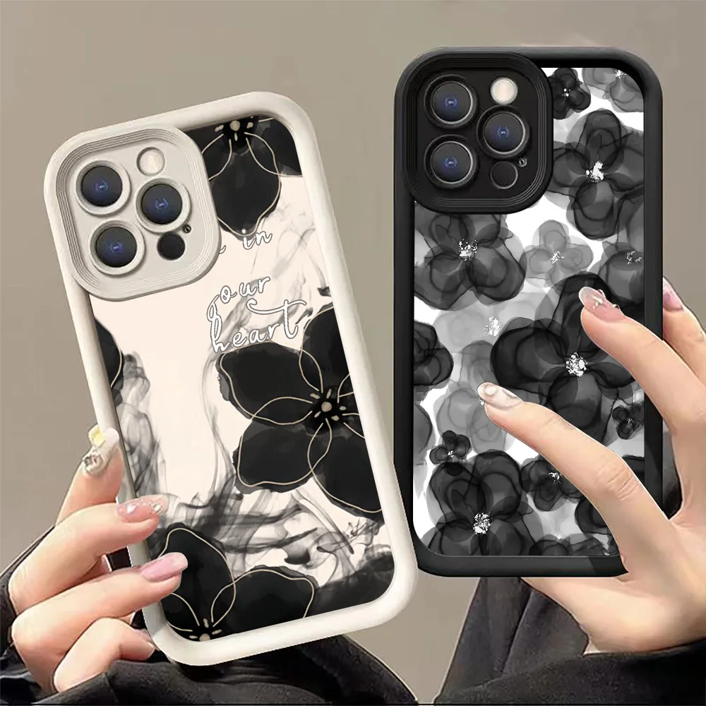 Black Flower Silicone Phone Case For OPPO A80 A60 A79 A59 A18 A38 A58 A78 A98 A95 A57S A56S A3 Pro A3X A17X A16 Candy Soft Cover