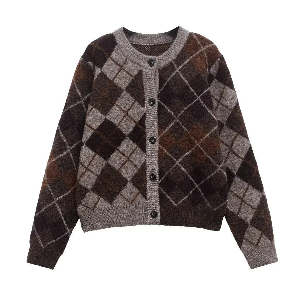 

KONDALA-женский элегантный повседневный клетчатый свитер с круглым вырезом и пуговицами, новинка 2025, весенне-осенний модный ленивый уютный свитер для пригородных поездок