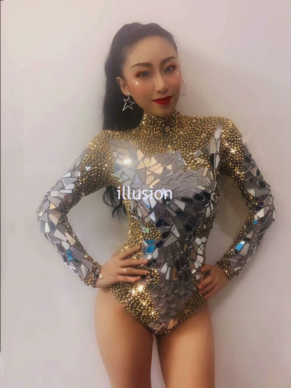 Sparkly Silver Rhinestones กระจก Leotard ผู้หญิงวันเกิด Party ชุดเครื่องแต่งกายเต้นรำ DS บาร์แสดง Bodysuit เครื่องแต่งกาย