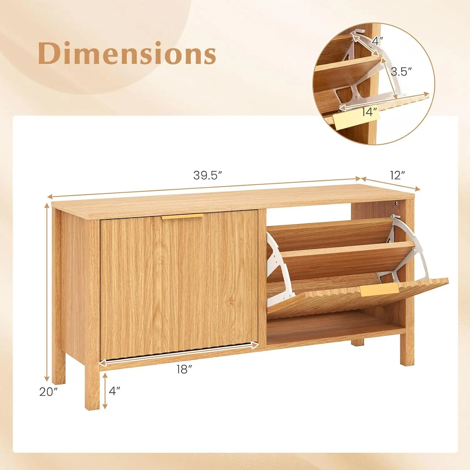 Shoe Storage Bench with 2 Flip Drawers, Wooden Entryway Bench with Storage, Fluted Doors, Adjustable Shelves,Customized