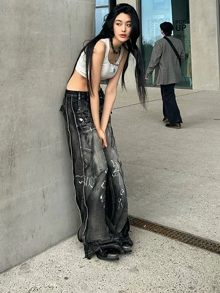 Pantalones vaqueros de talla grande con tinte anudado para mujer, pantalones de pierna ancha Vintage estilo hip hop americano, ropa de calle holgada, pantalones largos hasta el suelo 2024