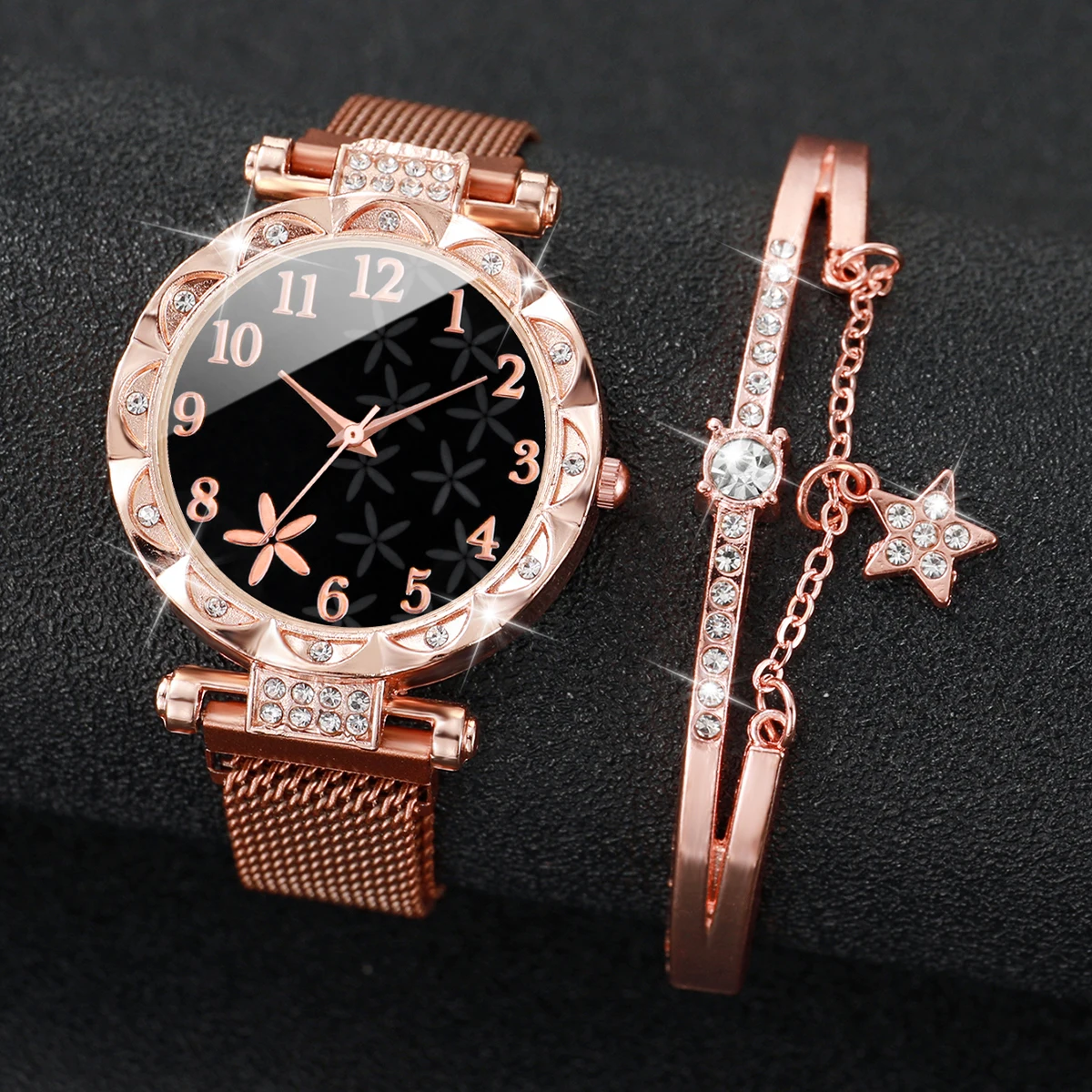 2PCS/Set Fashion Flower Dial Women\'s Watch Magnet Buckle Mesh Band Quartz Watches Star Bracelet Set(Without Box)