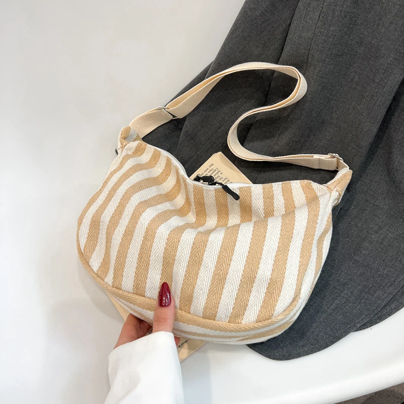 

CANVAS Zipper Striped Shoulder Bags Summer New Commute 2025 Brand Bags for Women High Quality Fashion Women's Handbags