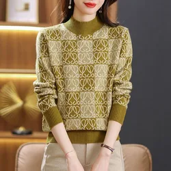 New Autumn/Winter Fashion Trend Colorblock Printing Half High Neck Loose Versatile Western Commuter Long Sleeve Women's Sweater