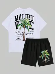 Summer Men's Street Suit Casual Fashion Coconut Tree Men's Short Sleeve Shorts Beach Wind Outdoor Comfort Trend Wear