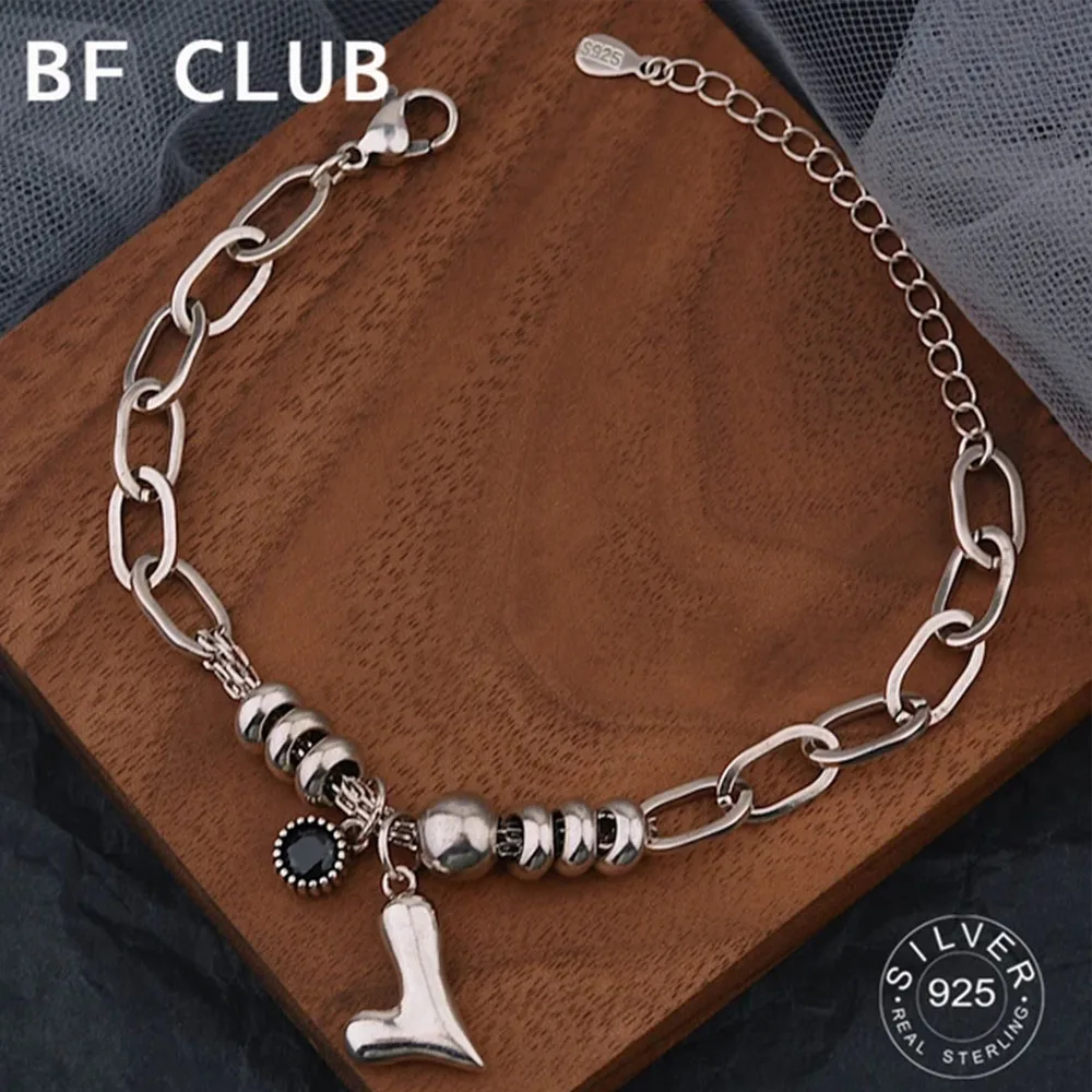 BFCLUB Silver Color Hiphop Thick Heart Bracelet for Women Men Vintage Handmade Hasp Bracelet Birthday Gift