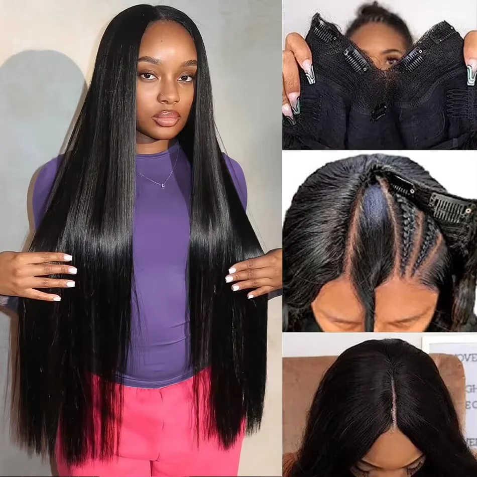 

Парик из прямых волос с V-образной частью 250, 30 36 дюймов, обновленный бразильский бесклеевой парик, зажим для головы из человеческих волос в полупарике