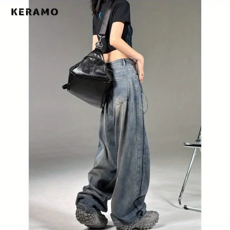 American Vintage Straight Casual Baggy Jeans mit hoher Taille Damen Y2k Wide Leg Grunge Streetwear Style Jeans hose