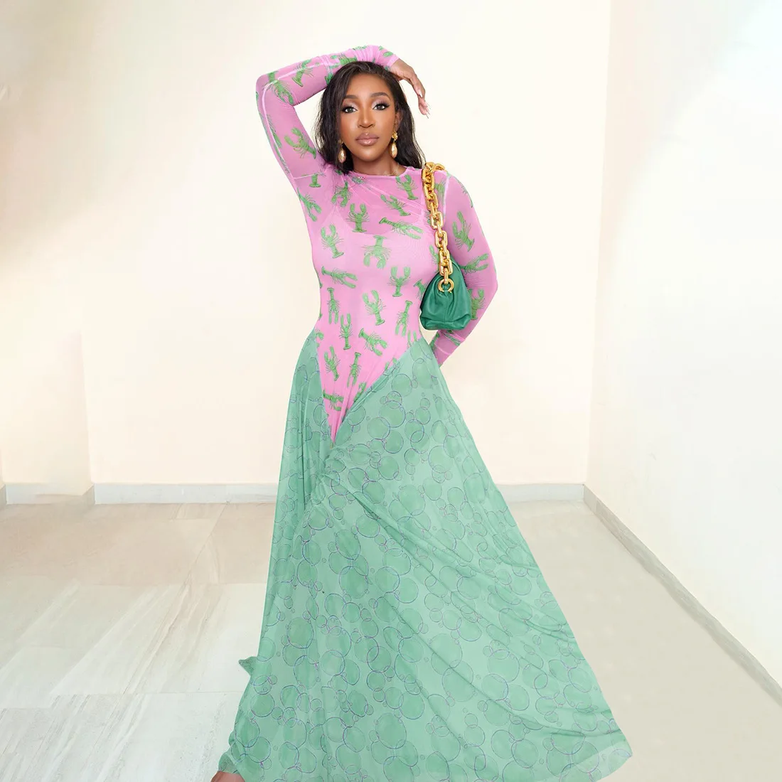 

Retro O-Neck Printing Women's Evening Dress Loose Net Sheer Bandage Gown Elegant Pink Long Sleeve Party Skirt Newest In Stock