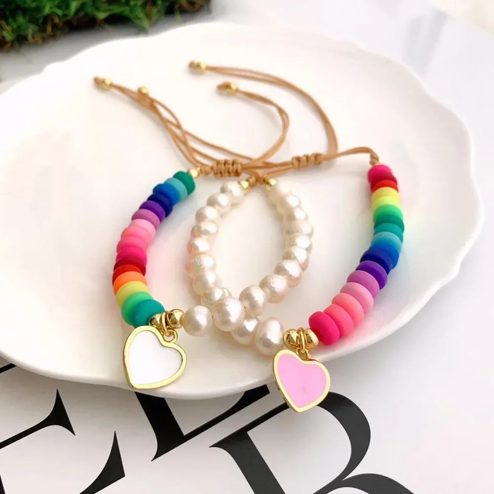 KKBEAD Pulsera con dije de corazón para mujer, regalo para Amiga, pulseras de perlas naturales, cuentas de arcoíris, Pulsera bohemia, joyería bohemia