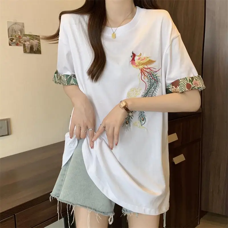 Women's Premium Heavy Duty Embroidered Short Sleeve T-shirt New Chinese Style Mid Length Top For Summer 2026​