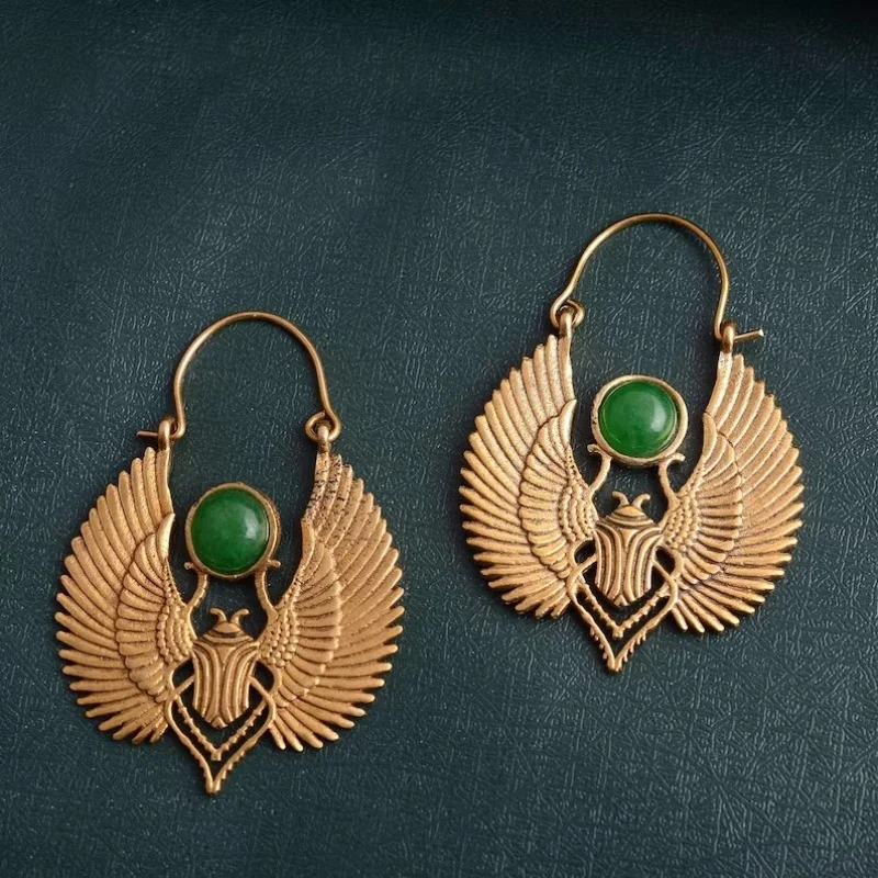 Vintage Egyptian Inspired Designs Sacred Wings Scarab Large Hoops Earrings Gypsy Tribal Women Gold Color Earrings Party Gift