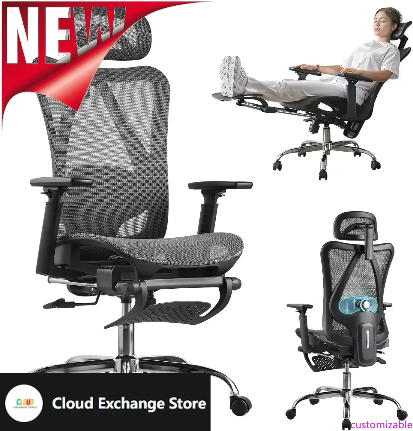 Customizable-Ergonomic Office Chair, SGS Certified Gas Cylinder, 400 LBS Capacity,Office Chair With Adjustable Lumbar Support
