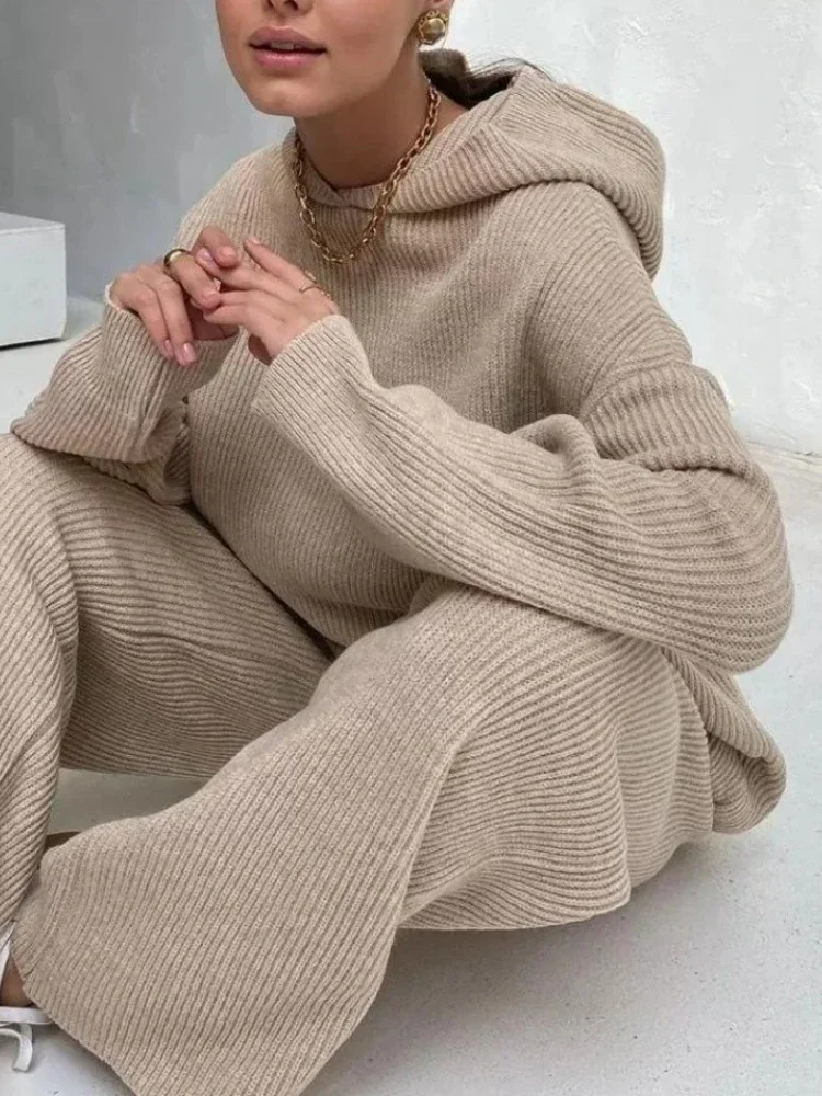Autumn Winter Knit 2 Piece Sets Womens Outfits Elegant Pants Sets Long-sleeved Sweater Top Cover Hooded Loose Women's Clothing
