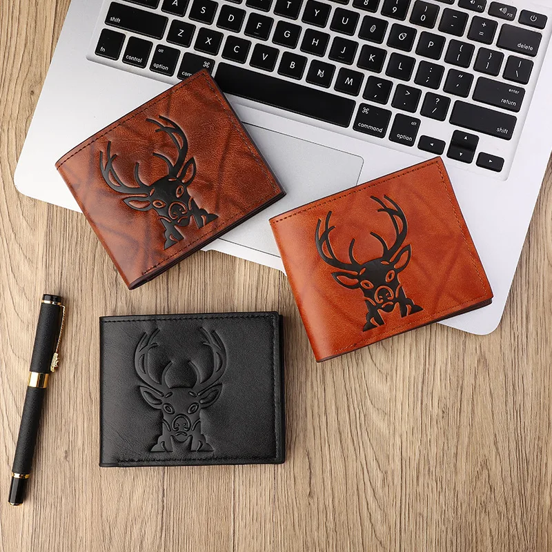 محفظة رجالية بنمط رأس الغزلان بتصميم كلاسيكي منقوش ثلاثي الأبعاد يصنع محفظة جلدية بفتحات متعددة بثلاثة أضعاف #1