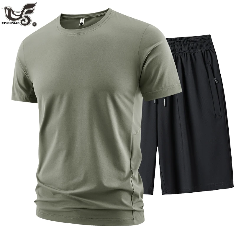 

Men's Summer Jogging Sets Quick Dry Short Sleeve Sports Running T Shirts+Shorts Comprehensive Training Tracksuits 6XL 7XL 8XL