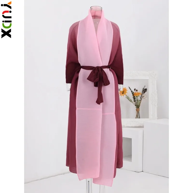 YUDX Miyake Fashion Gradient Pleated Trench Coat Women Bat Sleeve Scarf Collar Long Windbreaker Loose Clothing 2024 New