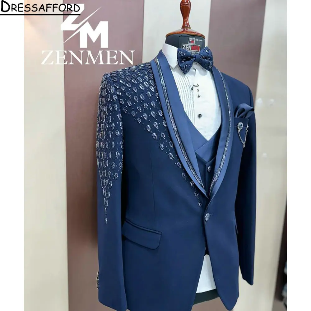 Blue Crystal Beading Groom Wedding Tuxedos Formal Suits Men Custom Made Black Prom Blazer Sets Male Fashion