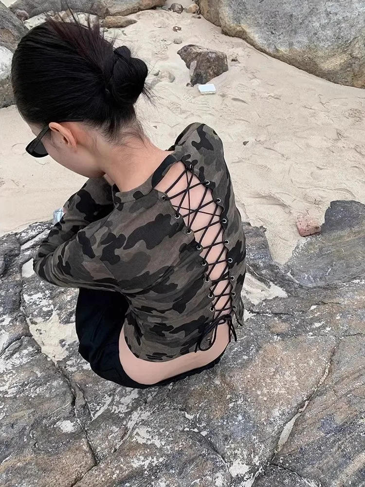 Yedinas Camouflage Zipper Women's T-shirt Long Sleeve Back Hollow Out Lace Up Tees Female Clothing Autumn Tops 2000s Clothes Y2k