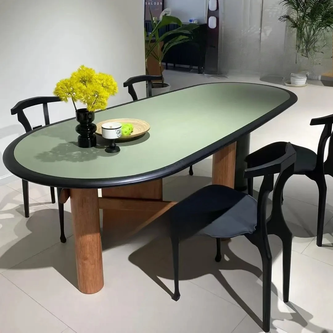 A Contrasting Color Dining Table Middle Ancient Wabi Wind Special-shaped Oval Solid Wood Green Ash Wood Household Dining Table