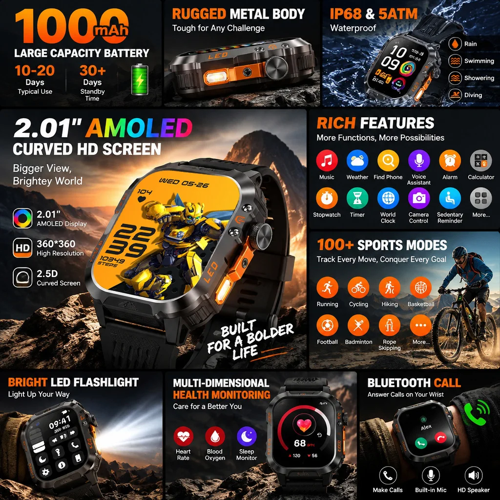New Bumblebee Military Smart Watch 1000mAh Bluetooth Call LED Flashlight BP Monitor 100+Sports 5ATM Waterproof For iOS Android