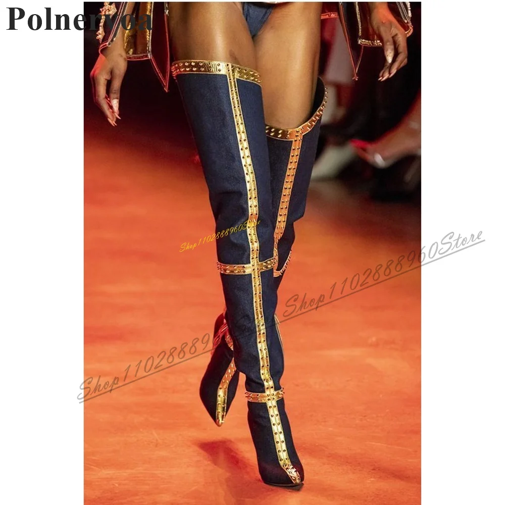 Beveled Rivet Decoration Thigh High Boots Thin High Heel Women Shoes Side Zipper Pointed Toe 2024 Fashion Zapatos Para Mujere