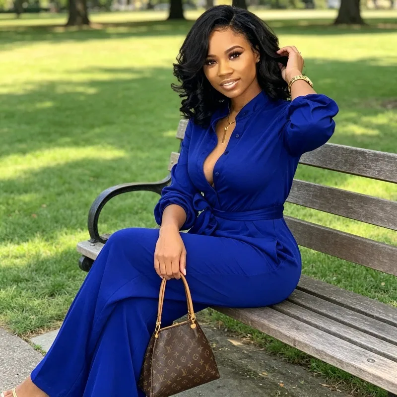 Autumn and Winter Long Sleeved Jumpsuit with Waistband and Wide Leg Pants Solid Color Suitable for Daily Leisure and Office Work