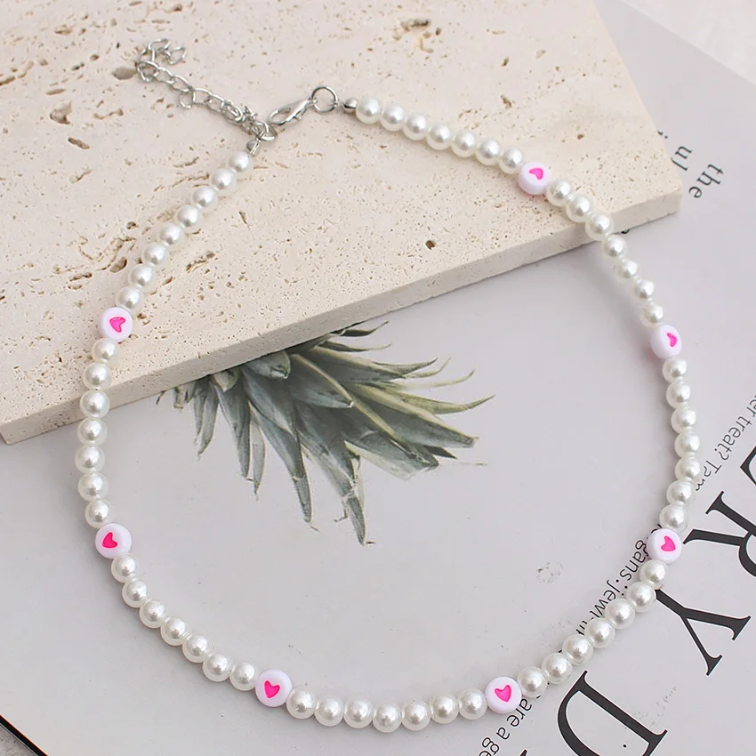 Necklace for Women Collier Heart Imitation Pearl Necklace Korean Fashion Beads Chain Handmade Choker  Bijoux Femme Jewelry Gifts