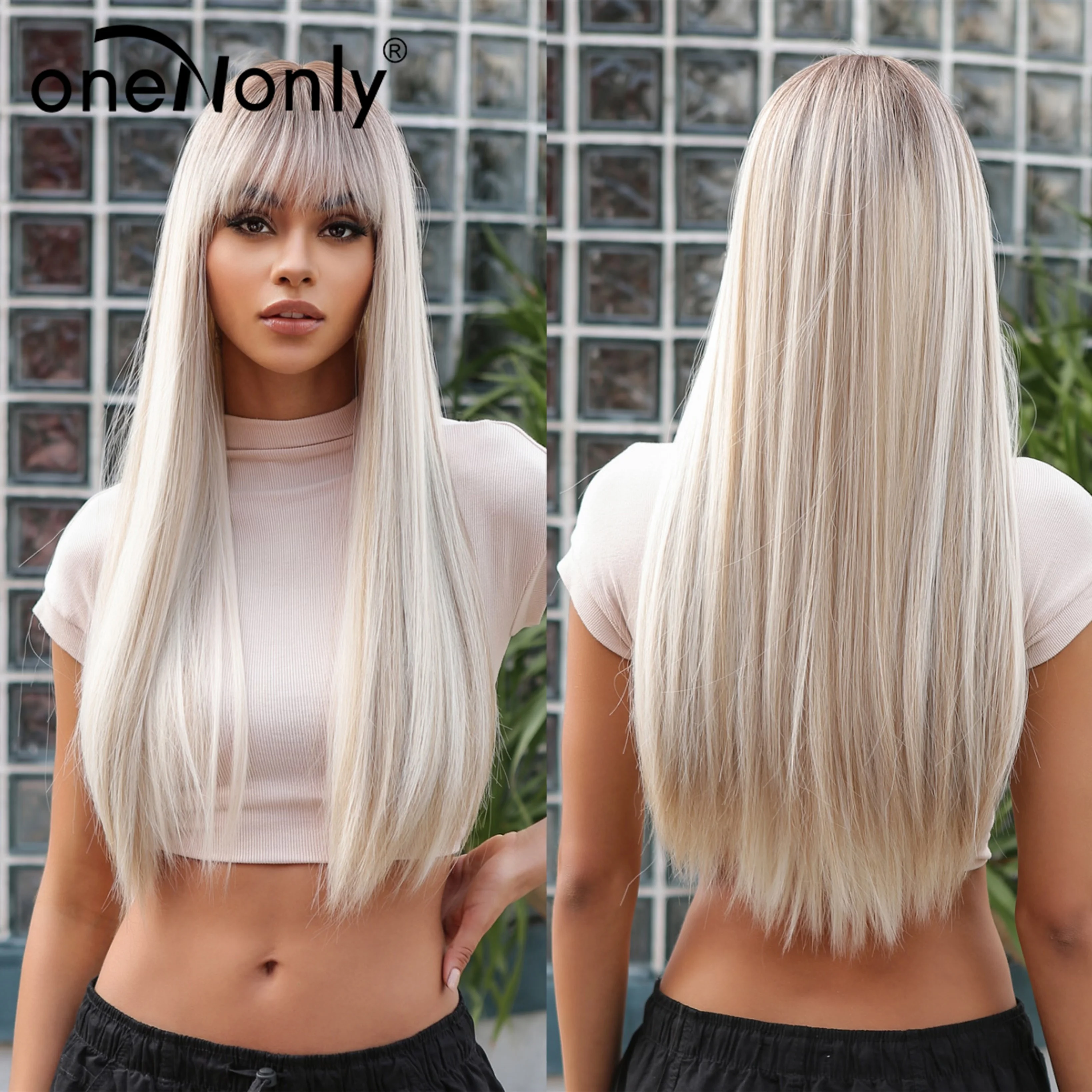 oneNonly Long Blonde Wig for Women Natural Wig with Bangs Synthetic Wigs High Quality Women Party Straight Hair