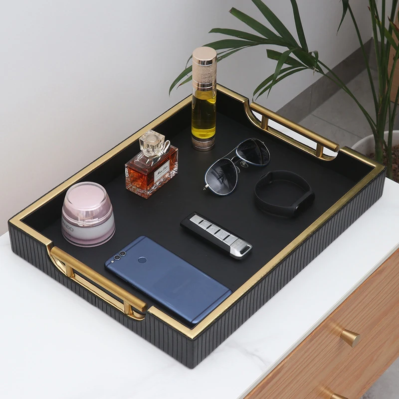 PU Leather Storage Tray with Handle Cosmetic Organizer Desktop Key Sundries Plate Remote Control Phone Storage Box Home Decor