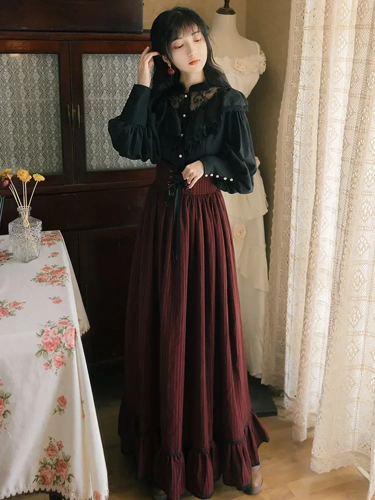 Vintage Gothic Two Piece Dress Sets Women Black Lace Ruffle Blouse + Lace-up Midi Skirt Winter Court Retro Casual Suits Costumes