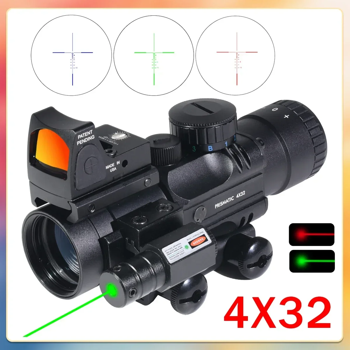 4X32 Tri-Illuminated Riflescope Red Dot Laser Tactical Combo Sight for Airsoft / Hunting Rifle Scopes Fit 20mm Weaver Rail