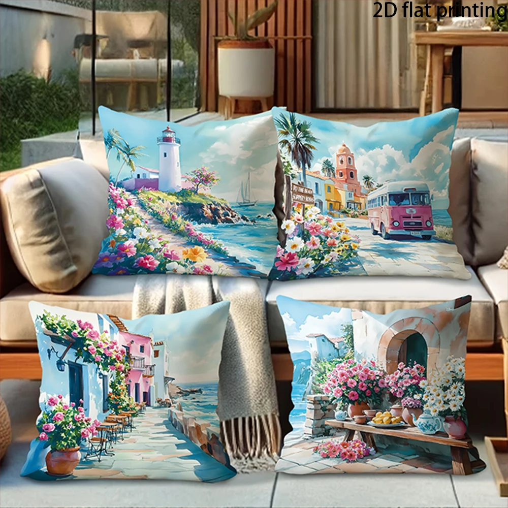 4 PCS Outdoor pillow cover  Coastal Boho Outdoor Throw Pillow Covers , Very suitable for decorating balconies and courtyards.
