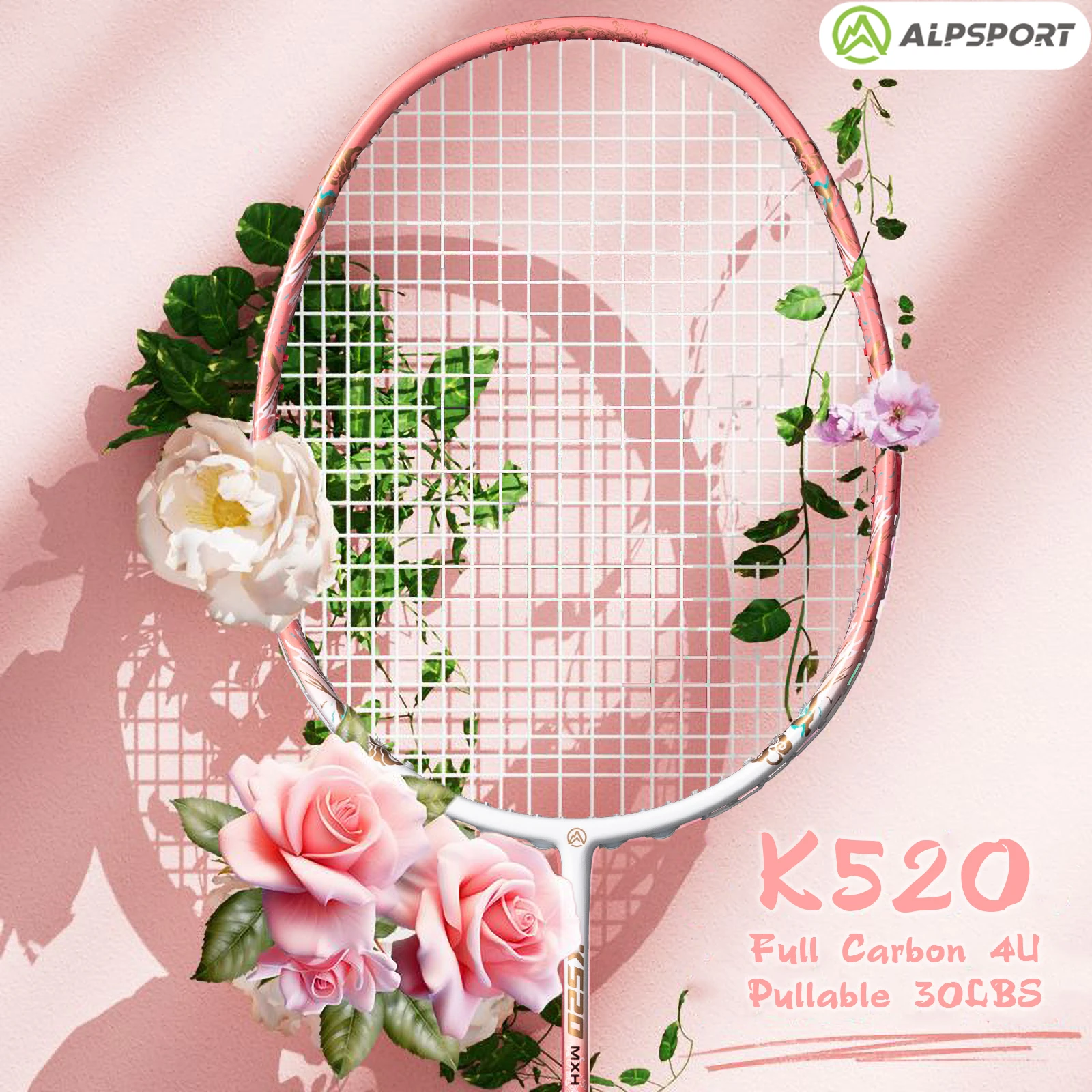 Alpsport K520 4U 배드민턴 라켓 핑크 라켓 탄소 섬유 야외 운동 끈과 라켓 가방이 달린 파란색 라켓 초경량 트레이닝 라켓 