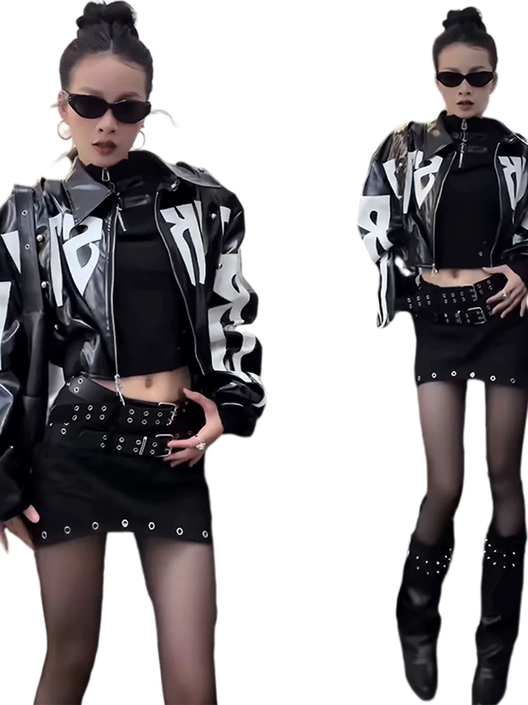 Trendy Spicy Girl Batwing Sleeve Color Block American Letter Patchwork PU Leather Jacket Women Spring Autumn New Style