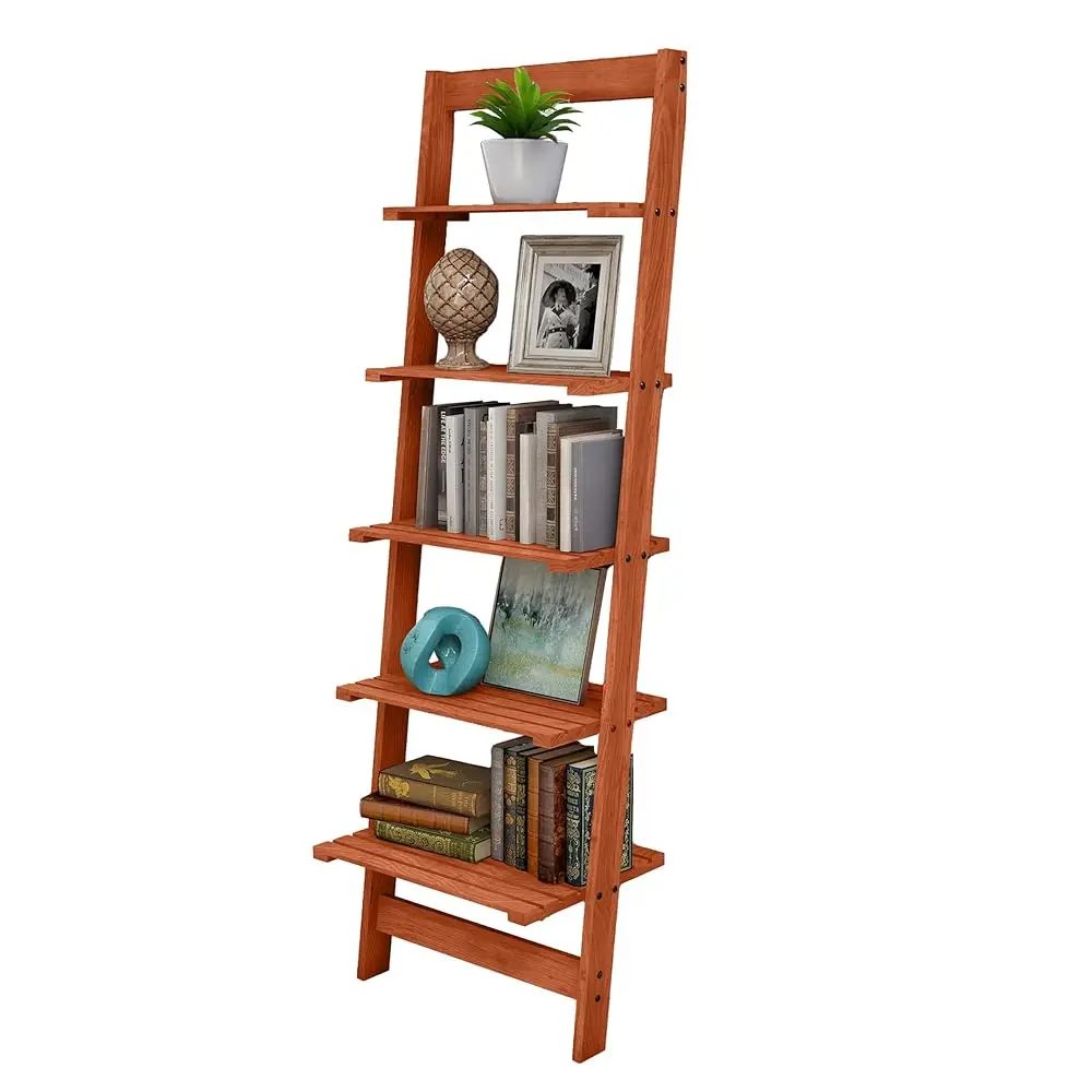 

5-Tier Ladder Shelf - 50-Inch Narrow Leaning Bookshelf - Wooden Bookcase For Living Room, Bathroom, Kitchen, Office, Or Bedroom