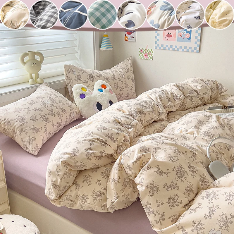 

Kawaii Floral Bedding Set 3/4PCS Brushed Cotton Duvet Cover with Pillowcases for Girls Dormitory Queen King Size Bedroom Decor