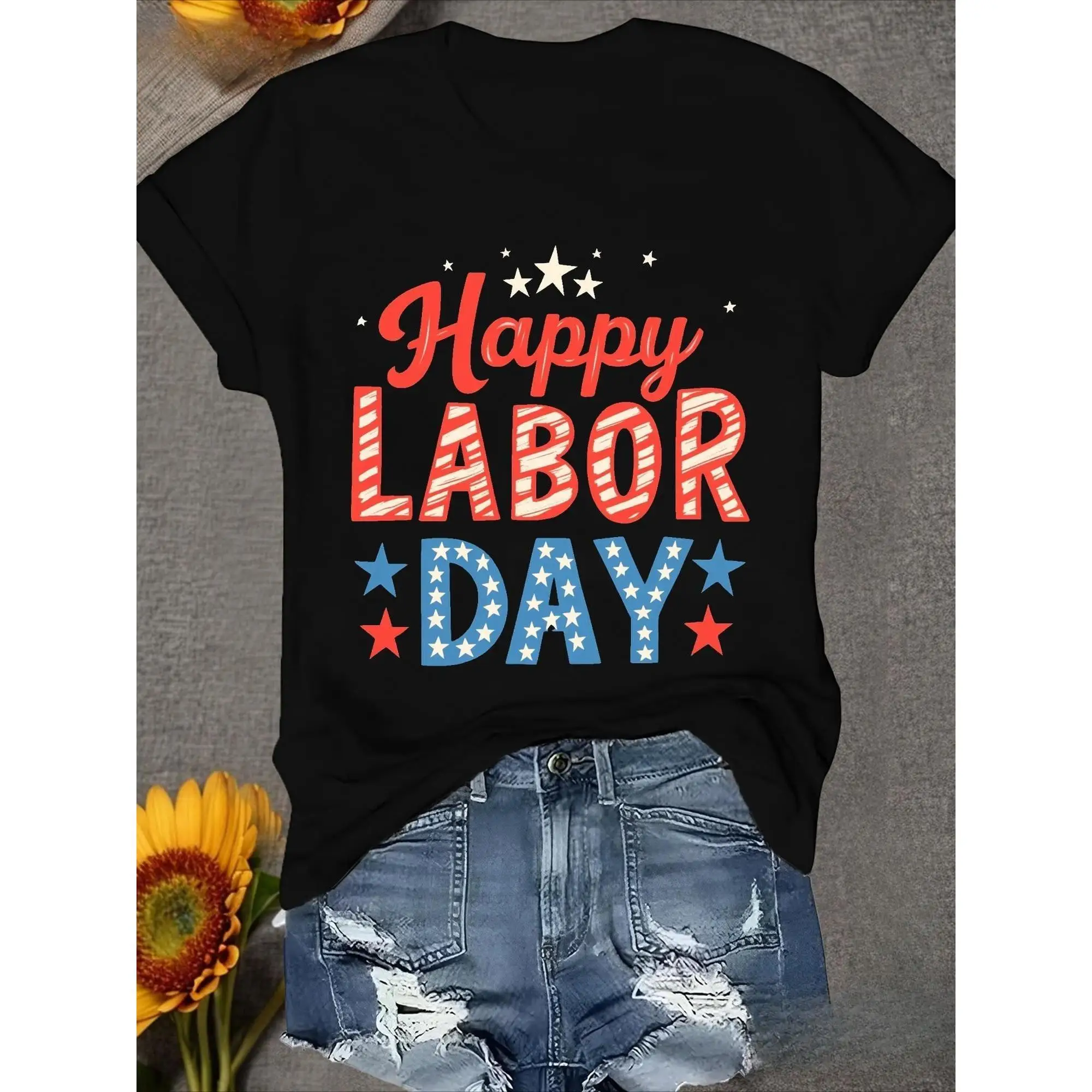 

Happy Labor Day T-Shirt American Flag Patriotic Print Tee Unisex Cotton Short Sleeve Top US Labor Day Celebration Gift